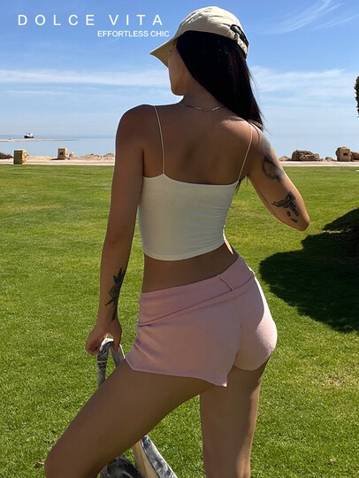 DOLCEVITA Beach Sports Hot Girl Folding Low Waist Casual Shorts Showing Buttocks and Slimming Sexy High Elastic Hot Pants for Women