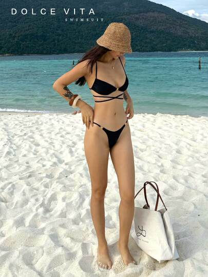 DOLCEVITA European and American ins style sexy cross strap bikini small breast push up three point beach bikini