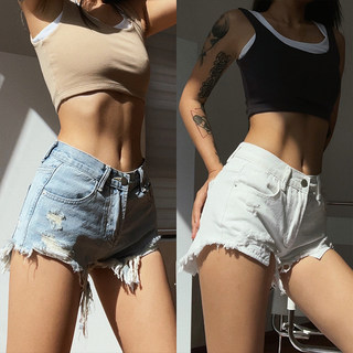 European and American Style Hot Girl Summer Slim Fit Frayed Waist-Cinching Peach Butt-Enhancing Leg-Lengthening Denim High-Waisted Thin Hot Pants for Women