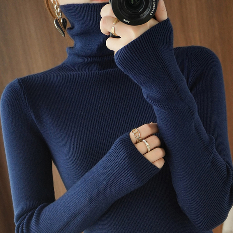 Women's Turtleneck Sweater with Stacked Collar, Short Style for Autumn and Winter, Slim Fit, Trendy Knit Base Layer, Popular New Style