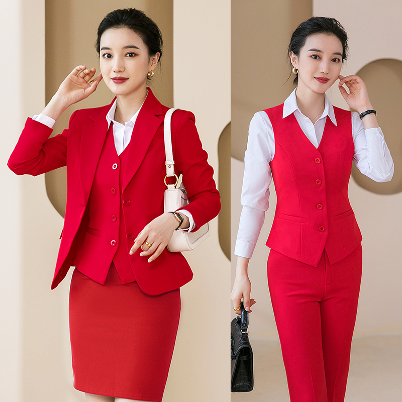 Bright Red Suit with Drumming Vest Set, Hotel Front Desk Beautician Work Uniform, New Year Festive Performance Costume Bright Red Suit with Drumming Vest Set, Hotel Front Desk Beautician Work Uniform, New Year Festive Performance Costume