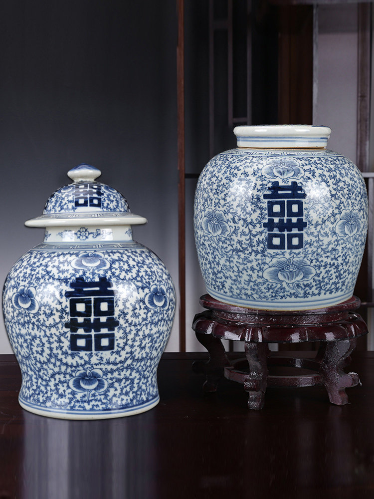 Jingdezhen ceramic antique porcelain happy word cap happy word jar double joy jar word general can Folk Collection