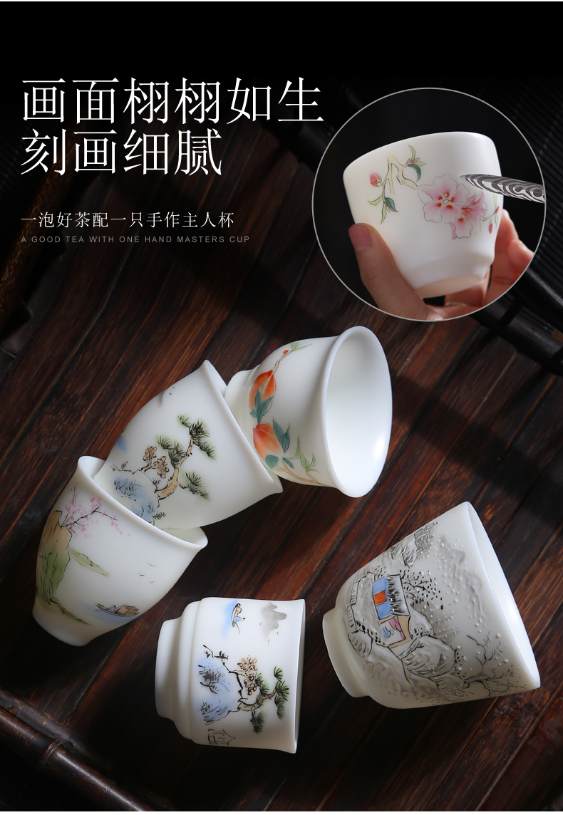 Hand - made master kung fu tea cup suet jade white porcelain single cup tea cups sample tea cup ceramic bowl tea set