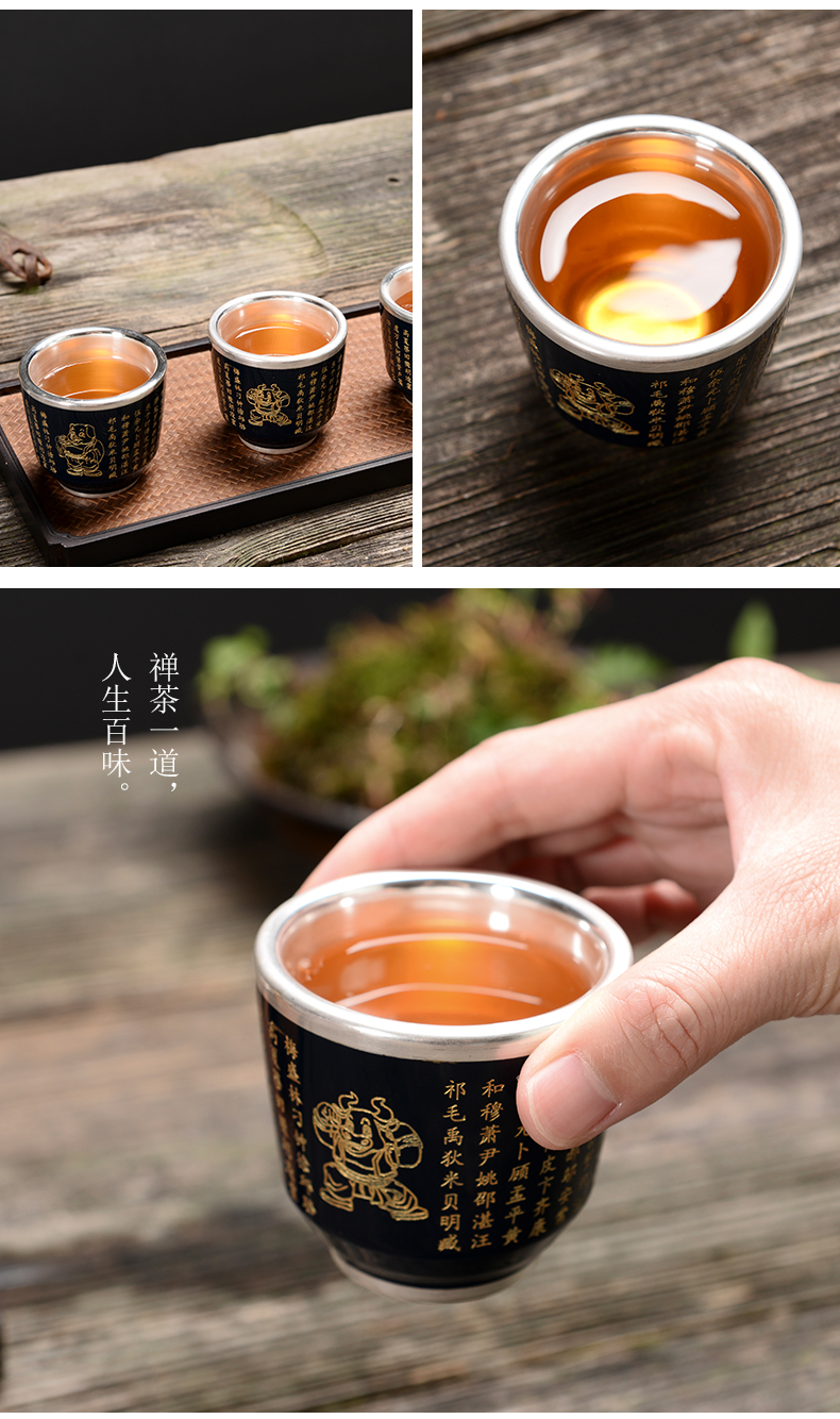 Silver cup Silver 999 ceramic cups peony kung fu tea set bladder tasted Silver gilding master cup sample tea cup, small cup