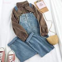 Small girls wear loose bib plaid long-sleeved shirt Light blue denim suit female student two-piece suit