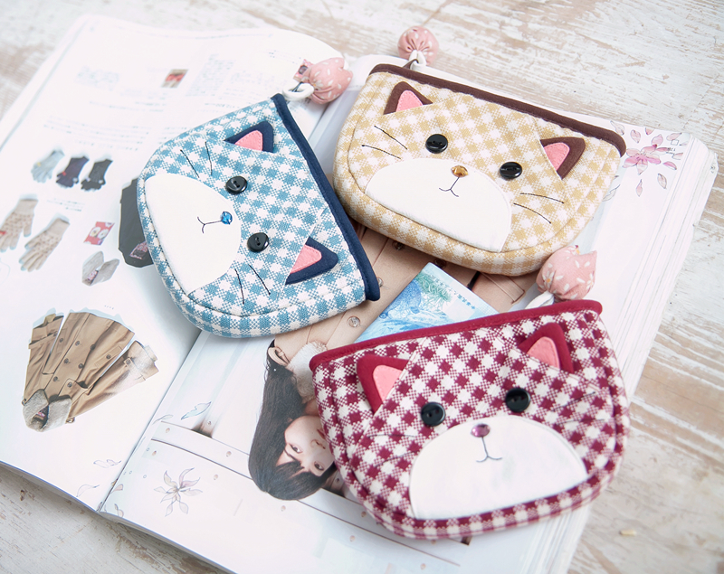 Nhật Bản minh họa Vải cotton tinh khiết nữ dễ thương Nhật Bản chắp vá kẻ sọc mèo gói tiền xu ví túi chìa khóa - Trường hợp chính ví móc khóa