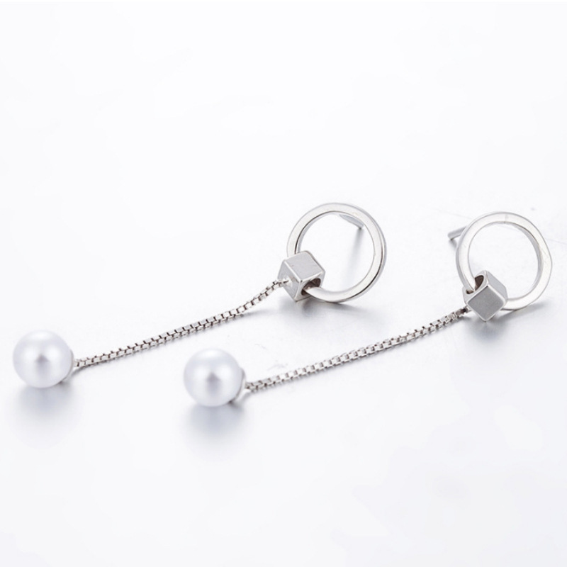 Korean and Japanese Style Fashionable Dance Earrings for Women, Tassel Silver Needle Round Pearl Square Earrings, Ins Ear Thread Jewelry