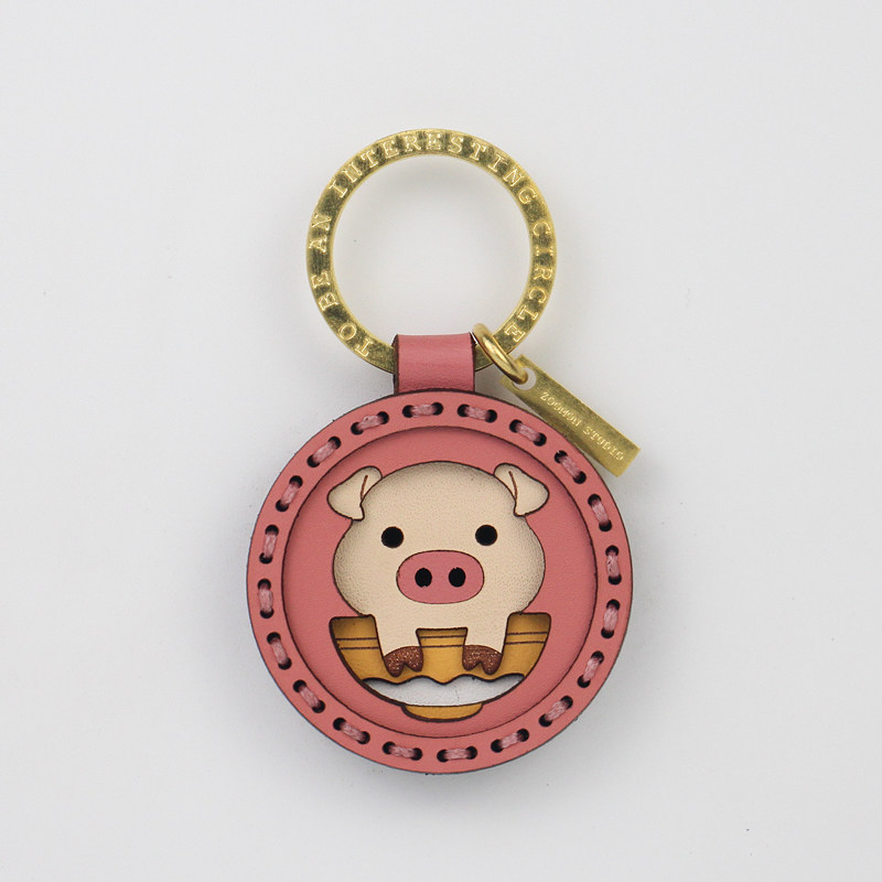 Cartoon Bull Leather Original Handmade Custom Cute Pig Pig Car Key Clasp Zodiac Pig Pendant Upscale Girl Presents
