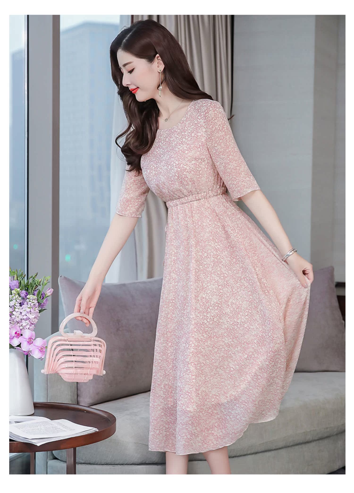 2019 phụ nữ mới mùa xuân đầm voan hoa phổ biến mùa xuân và mùa thu Pháp nhỏ váy dài mùa xuân và mùa hè - Váy eo cao 	váy liền nhún eo	