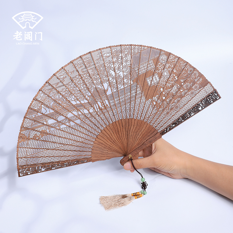 Old Gate Hollowed-out China Wind Sandalwood Fan Suzhou Classical Gift Fan Essay Play Craft Gift Hem Accessories Sandalwood Fan Folding Fan Retro