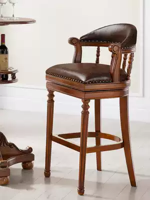 American solid wood bar chair Retro chair bar chair European bar chair backrest high chair Leather household high stool bar stool