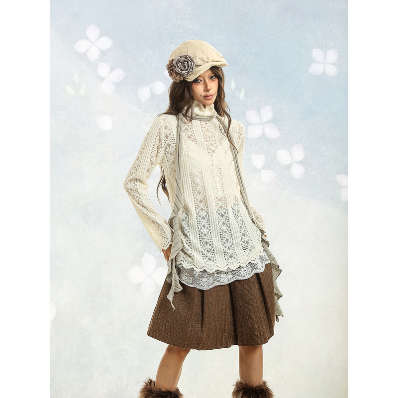 Bubble Pineapple Oil Long-Sleeve Lace Base Shirt for Autumn and Winter Women, White Lace Shirt with Crochet Hollow-Out Design, Yabi Top