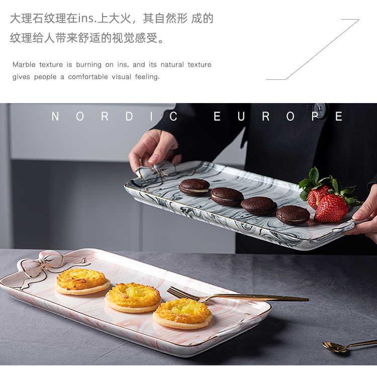 Nordic ceramic square tray marble afternoon tea heart receive fruit bowl dessert cake plate glass plates