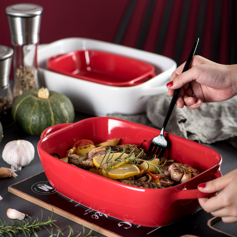 Nordic ears pan simple ceramic square household kitchen new snack plate microwave oven baking tray