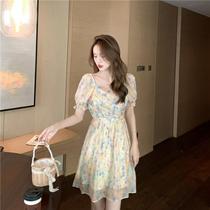 Artistic chic dress Gentle wind oil painting female summer bow Light cooked wind waist thin floral skirt