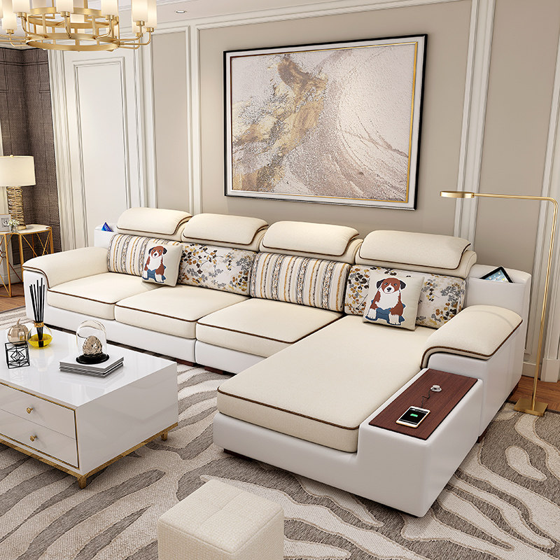 Simple modern cotton and linen fabric sofa living room small apartment leather cloth combination spring latex chaise longue function sofa