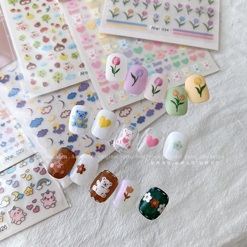 Tulip Beauty Nail Sticker Net Red Bursting with high blooming flowers adorable small Bear nail stickers durable water resistant
