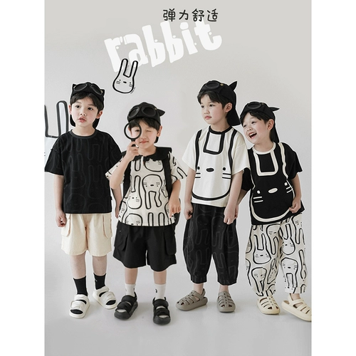 Детский кролик, кукла, тонкая футболка для мальчиков, штаны для отдыха, комплект, летняя одежда, короткий рукав