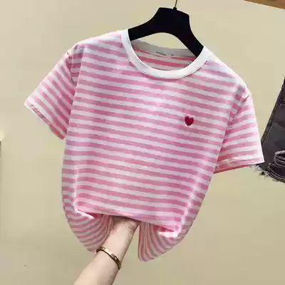 Korean striped T-shirt women's short-sleeved 2021 new summer cotton loose love embroidery half-sleeved round neck top