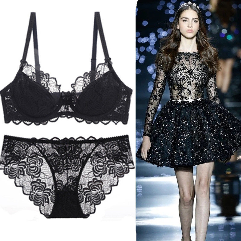 2021 new summer ultra-thin underwear big breasts show small gathered bra lace seamless underwear sexy fun suit