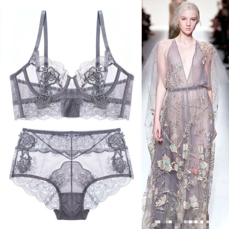 Summer thin lace little cute feminine big breasts show small gathered breathable lingerie pants large size seduction bra set