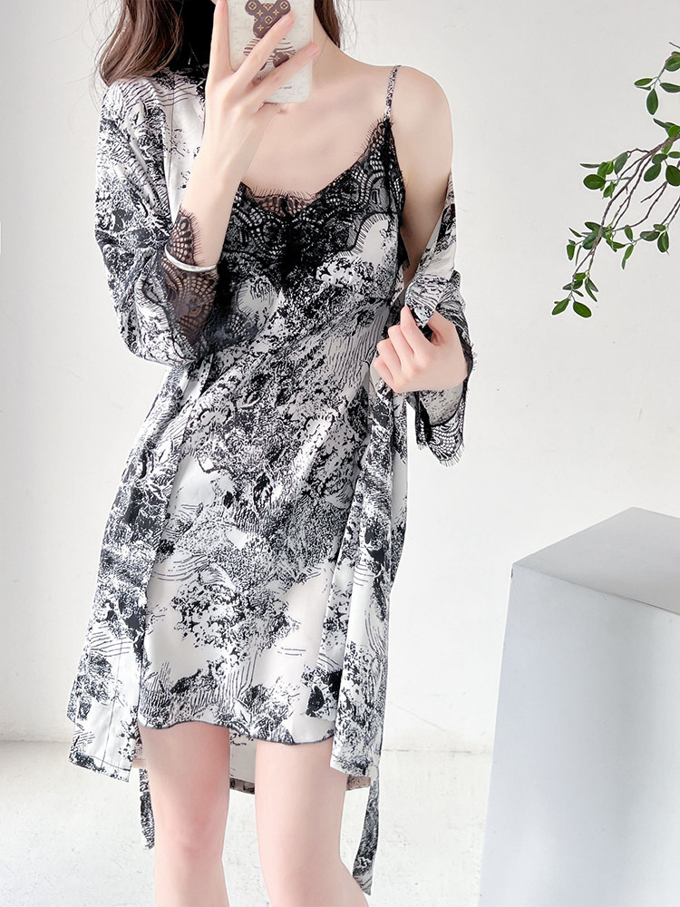 New Arrival Ice Silk Nightdress Two-piece Ladies Summer Lace Suspender Skirt Outer Drape Set Sexy Silk Homewear