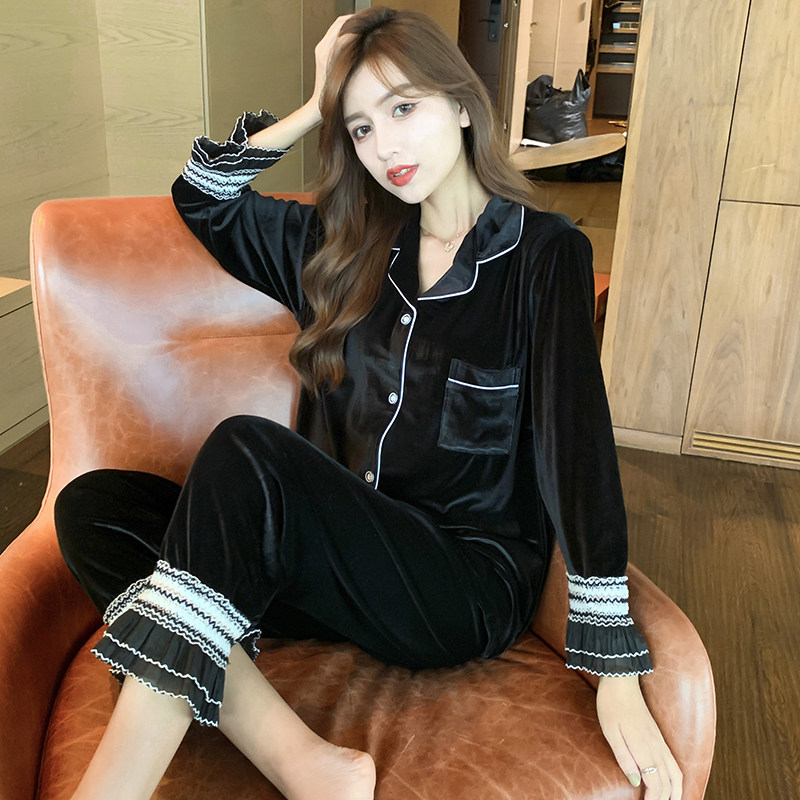 Autumn Winter Golden Velvet Pyjamas Lady Dianfen Cardigan With Long Sleeve Sexy Warm Clothing Suit Casual Home Wear