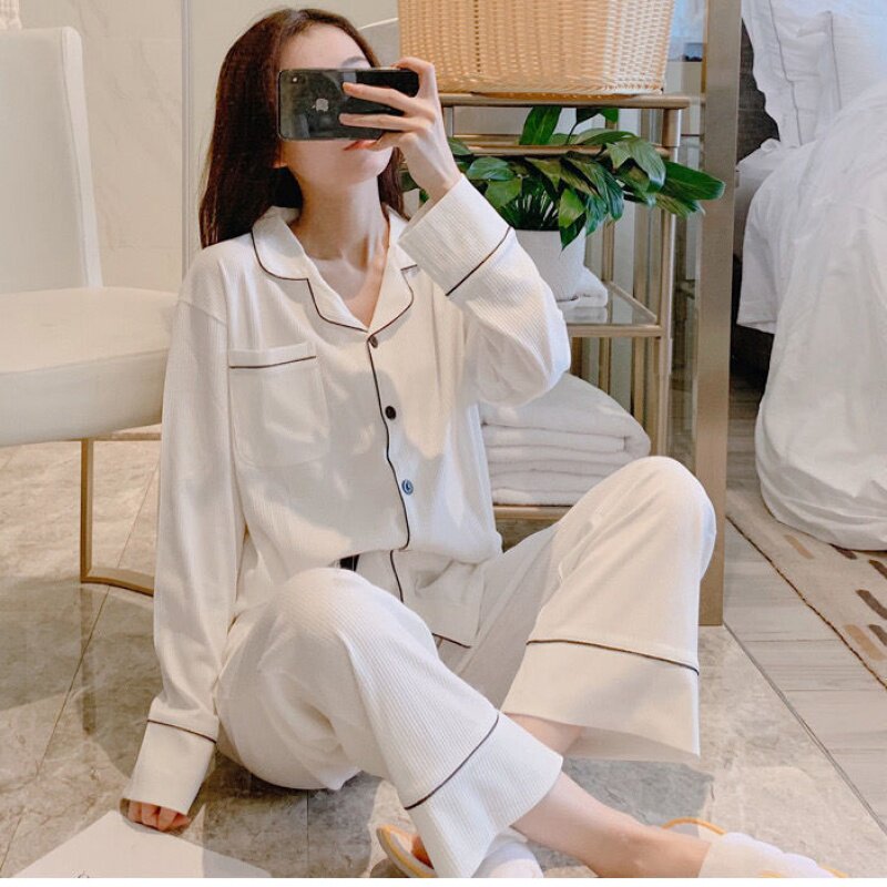 Autumn winter lingerie suit 2022 new product long sleeve pure cotton open flap jacket sleeping lady white casual home wear can be worn out