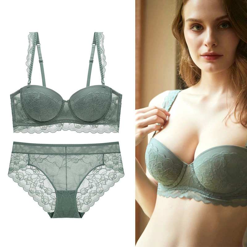 2021 new bra sexy small breasted half-cup bra coalesch adjustment type lace big size women's lingerie suit