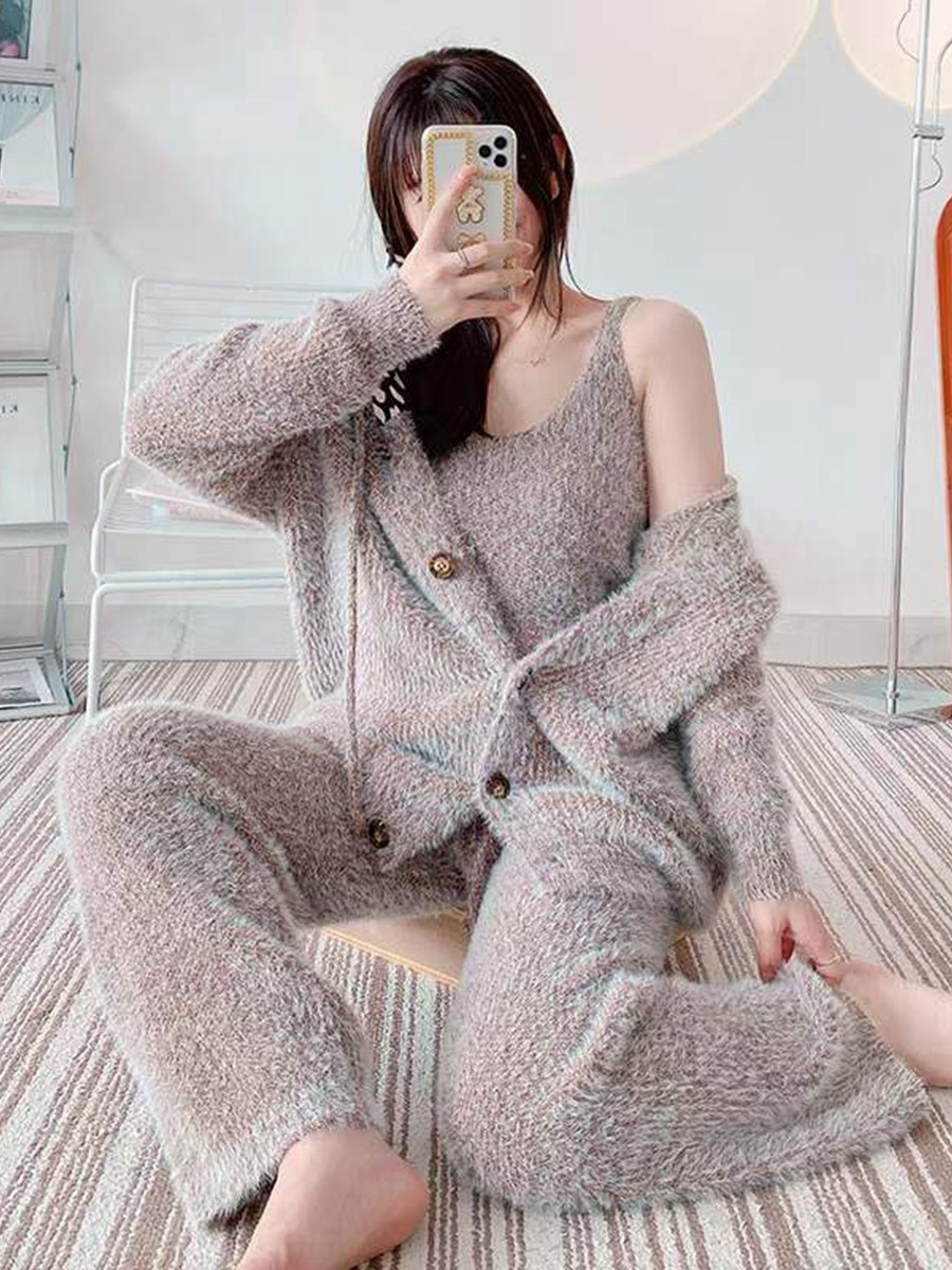 Soft pajamas suit female sensor with long sleeve pants home clothesFall and winter plus thickness knitted three sets