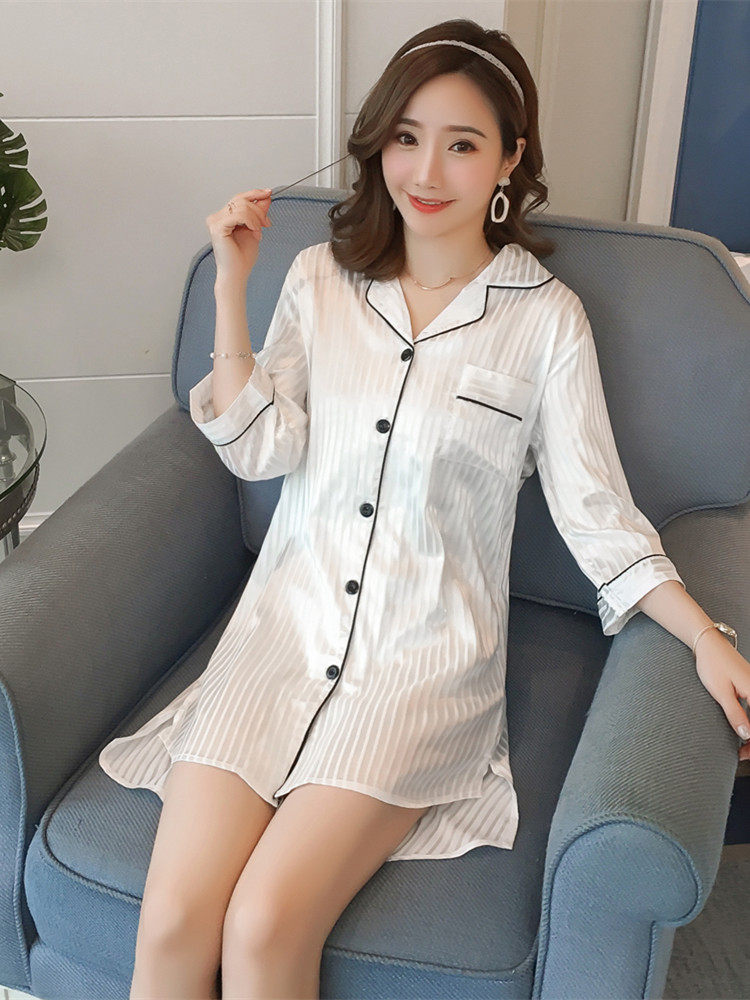 2021 new white shirt sleepwear summer medium long version shirt sexy ice silk sleeping dress for spring and autumn slim fit