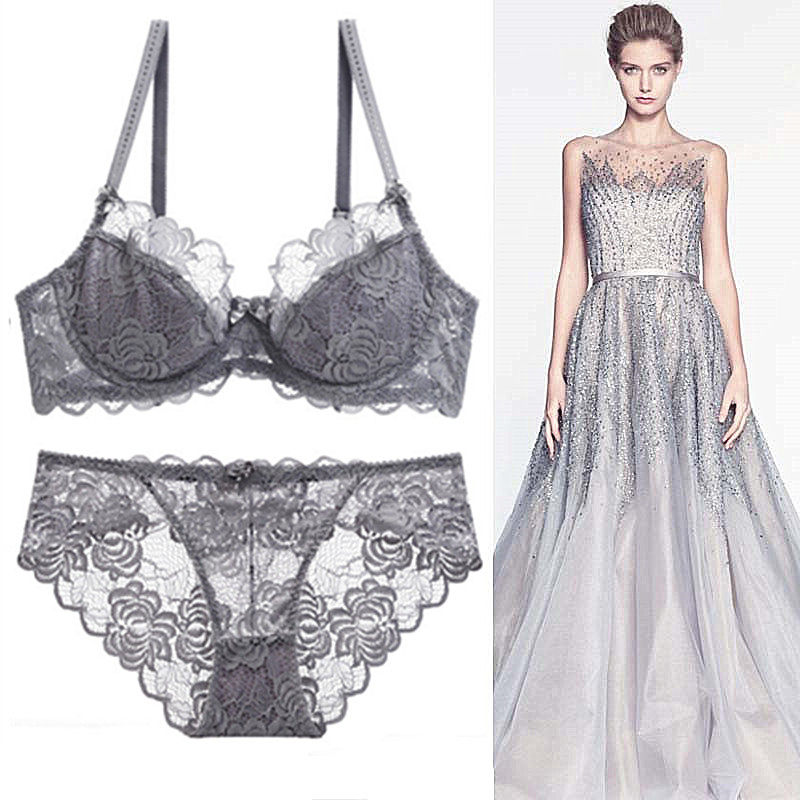 Large size lingerie sexy slim cut transparent lace lingerie suit 2021 new summer spice big chest display small bra