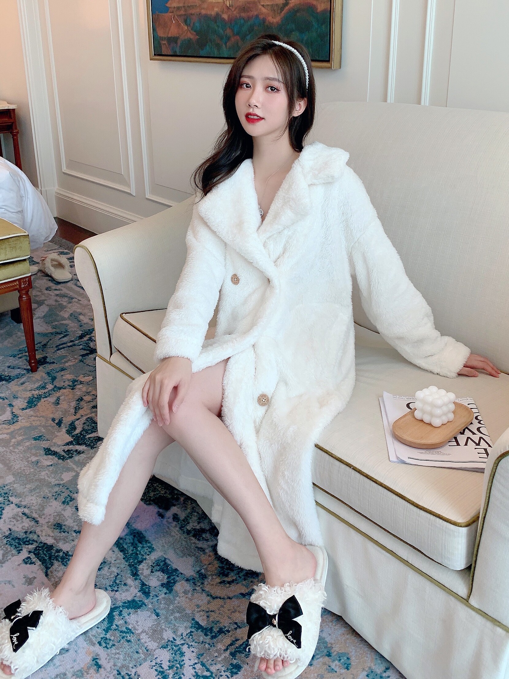 Coral vet robe female sweater overturned long bathrobe pajamas flannel winter plus thicker dressing robe