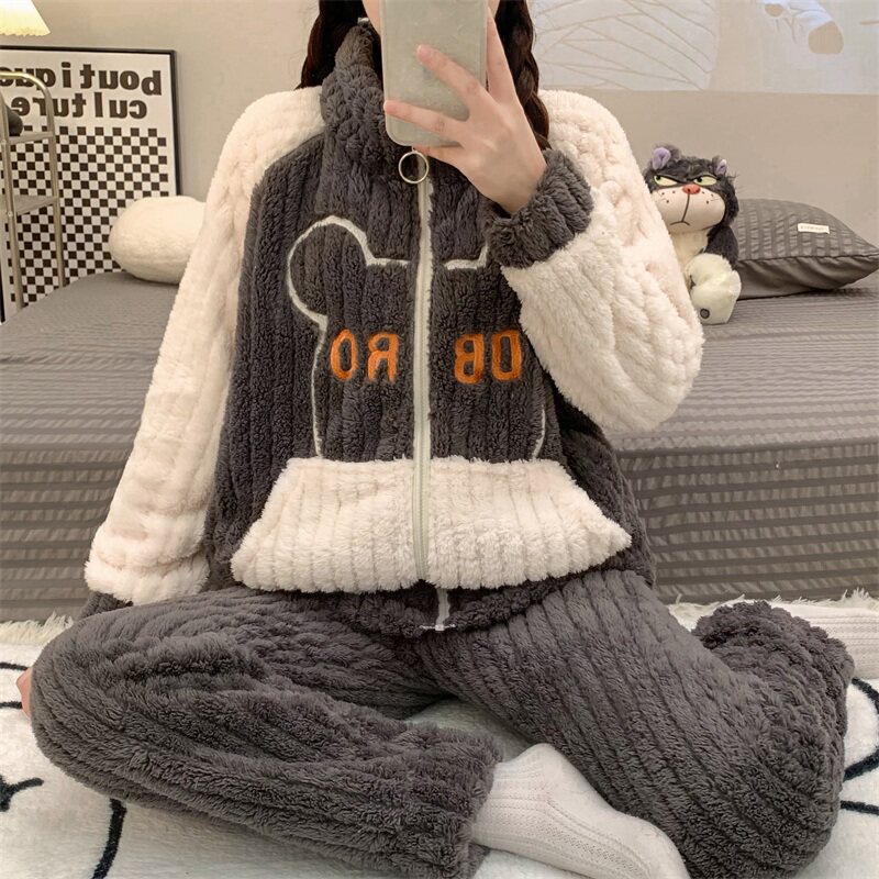 Coral velvet pajamas female winter plus thickening high-collar warm two sets to wear flannel home clothes