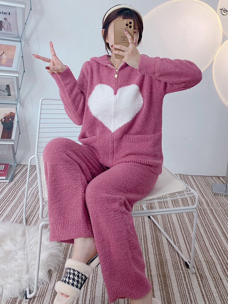 Fall and Winter Pajamas Female Love Sweater Link Cap Long-sleeved Trouser Knitting Set Wear Soft Home Clothes