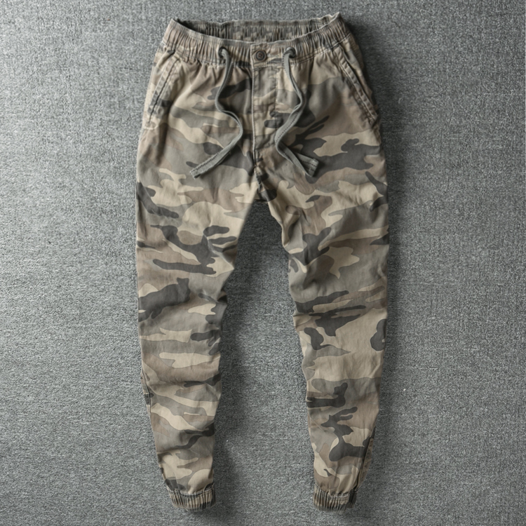 American-Style Camouflage Pants, Slim-Fit Jogger Pants for Men, Tapered Work Pants, Washed and Distressed, Pure Cotton Drawstring Jogger Pants
