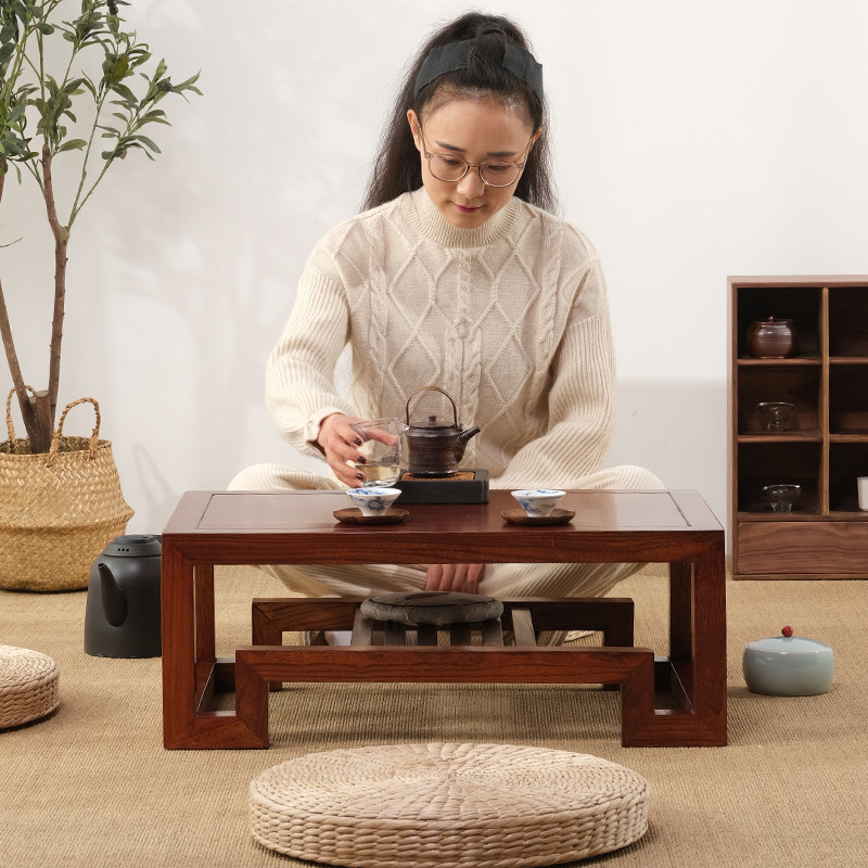 New Chinese old elm living room tea tatami window table tea table solid wooden table balcony leisure small table