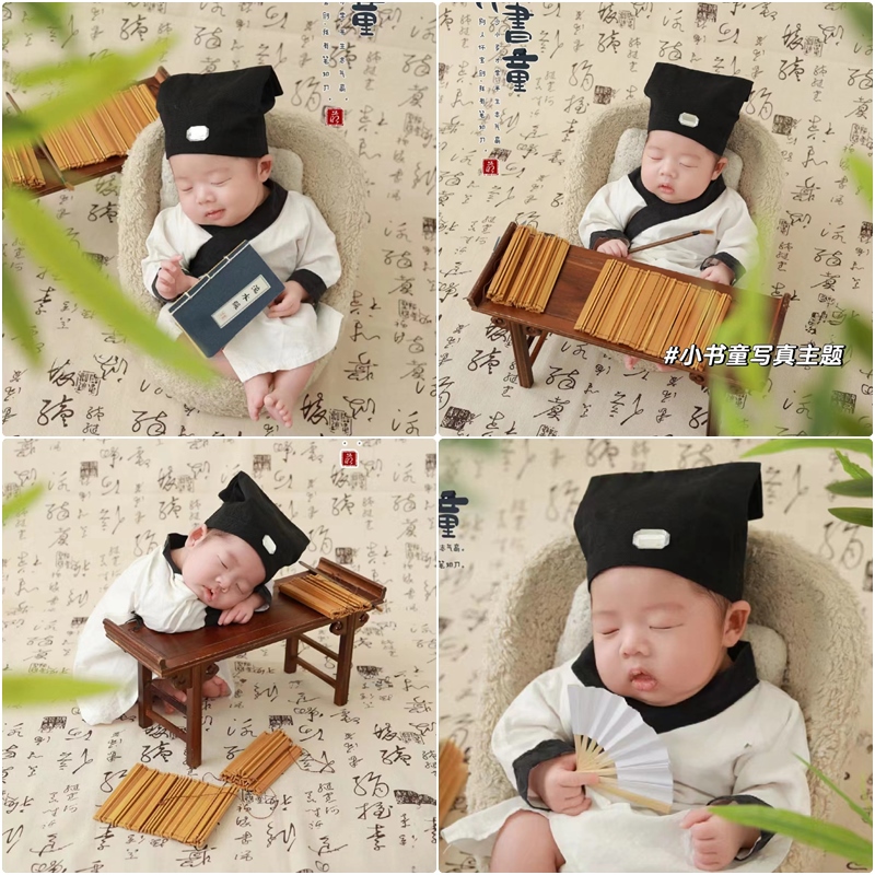Little Bookish Scholar Newborn Baby Full Month Hundred Days Baby Photo Props Clothing Children's Photography Ancient Costume Calligraphy Brush Table