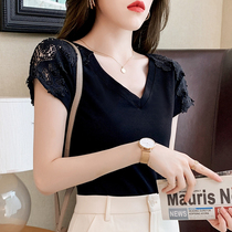 The United States and Europe brother Fei2021 summer dress new hollow slim slim pure cotton short-section top v-neck short-sleeved t-shirt women