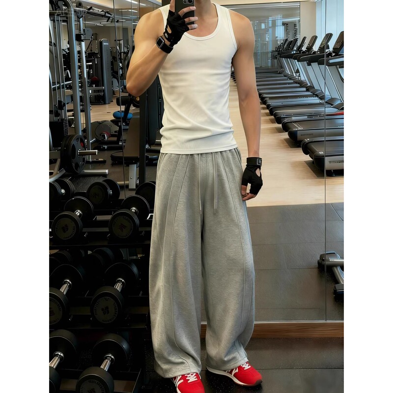 Korean Uamtor Curved Hem Sweatpants for Men, Spring and Summer Deconstructed Design, Fitness Sports Pants, Cleanfit Straight-Leg Casual Pants