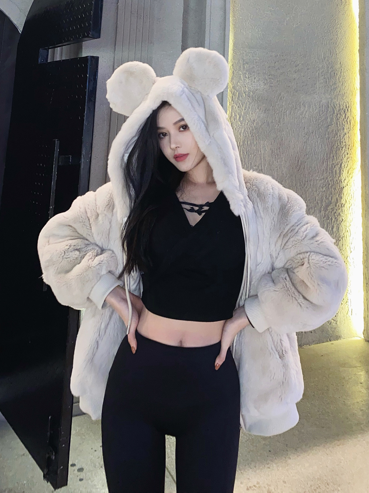 20% off Real Rex Rabbit Fur Mickey Ears Fur Jacket Women's Sherpa Velvet Hooded Autumn and Winter All-match Fried Street Thick Style