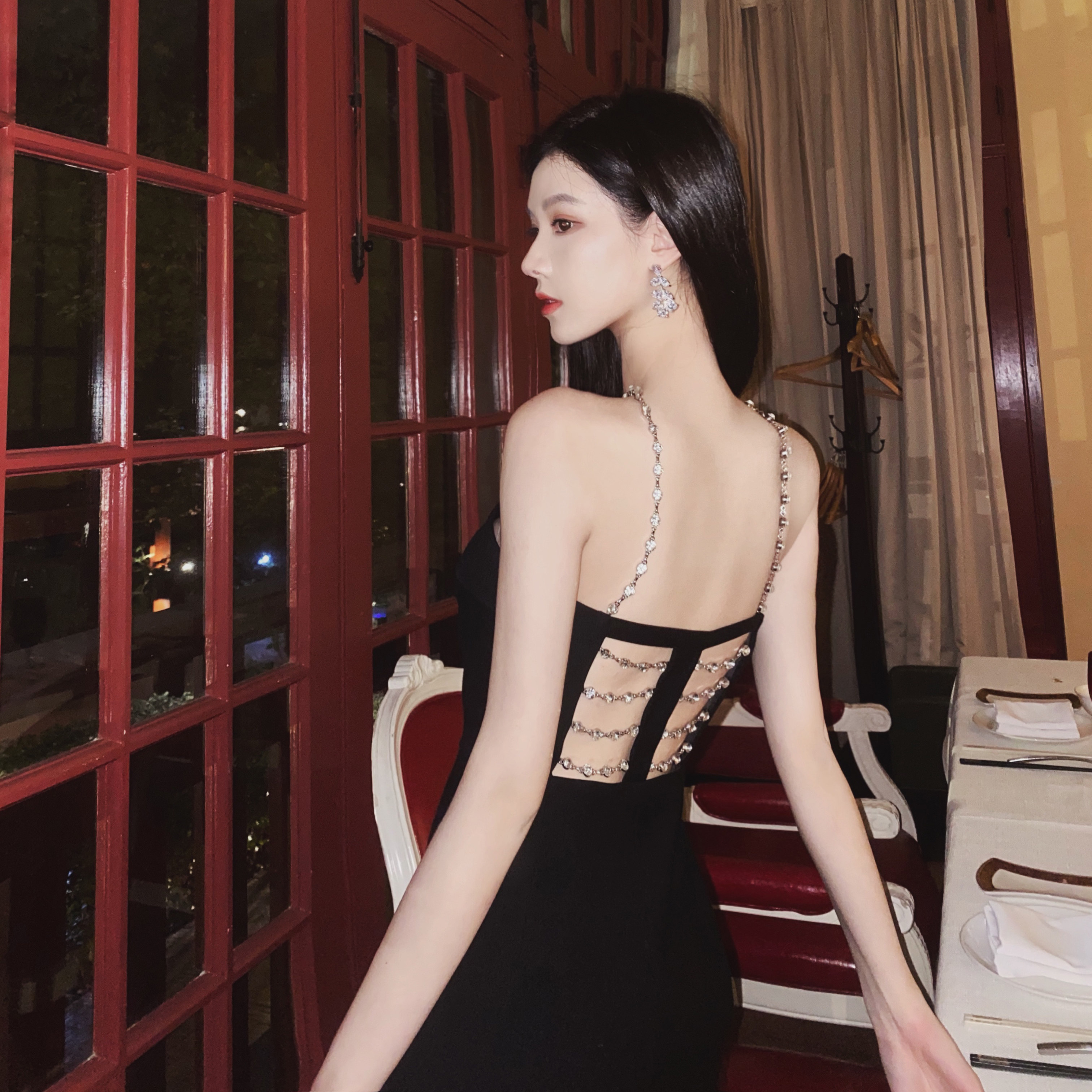 nicky world rich flower rhinestone waist black hanging neck dress female slim sexy temperament summer new