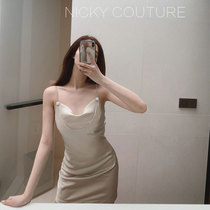 Miss nicky Paris diamond chain French triacetate champagne suspender dress female waist slimming luster
