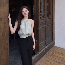 nicky pure desire babes sexy halter neck top womens summer satin 2022 sexy French outerwear design sense