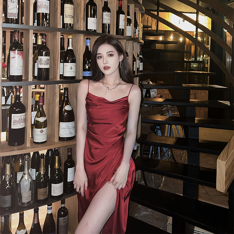 nicky first love wine red temperament suspender dress female 2022 stunning new texture advanced slim sexy