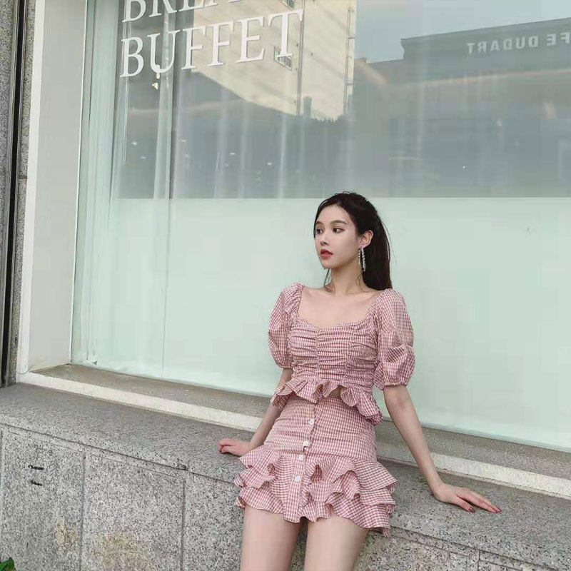 Limited time 3fold nicky American sweetheart 2021 New Age reduction small check temperament dress dress women fashion two-piece set