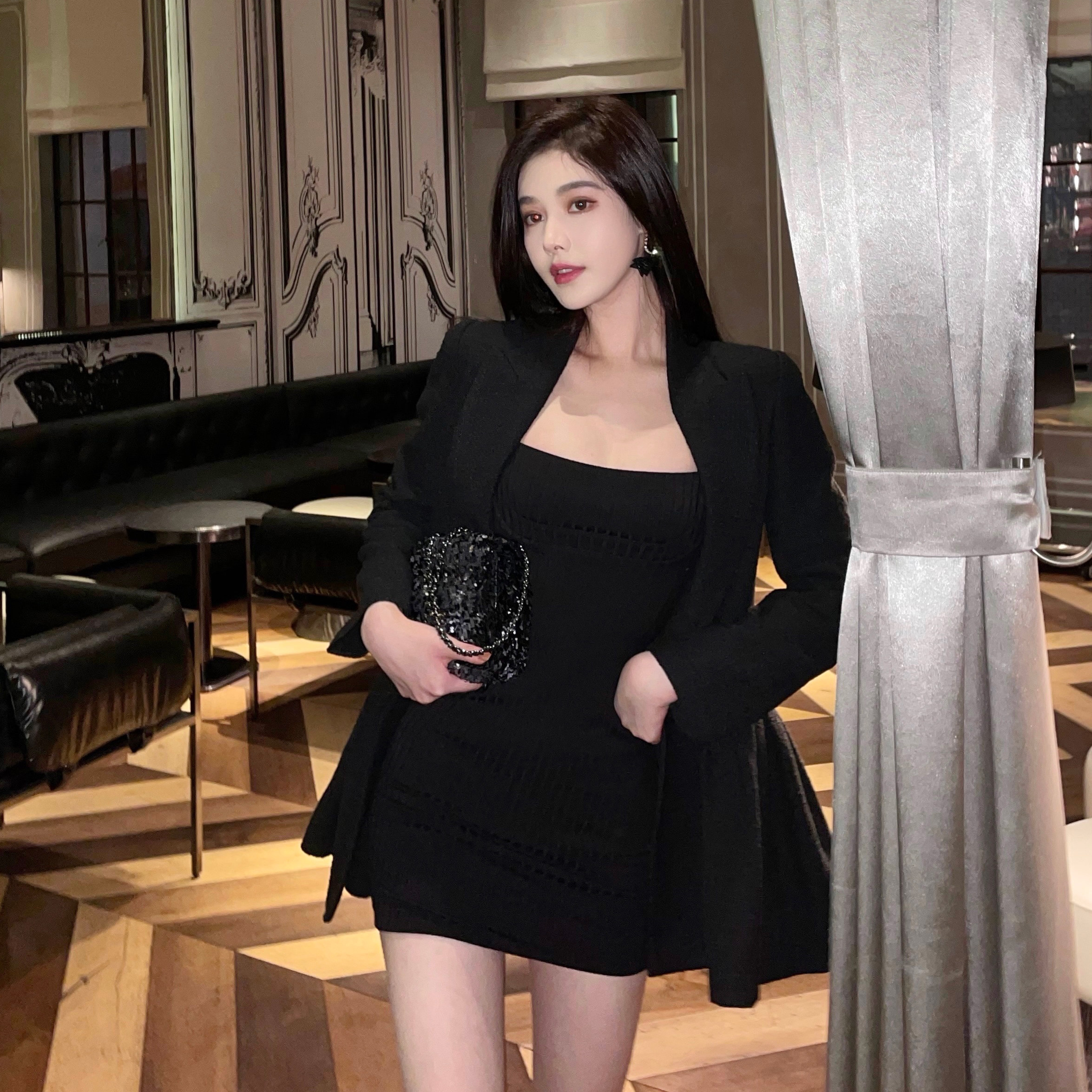 40% off black suit dress women small waist waist spring and autumn design sense niche temperament mid-length French style