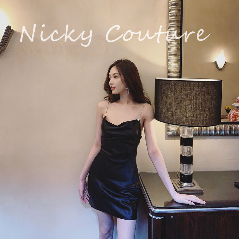 nicky palace windy 2022 new black satin surface drill buckle chain harnesses for women's summer French style retro skirt