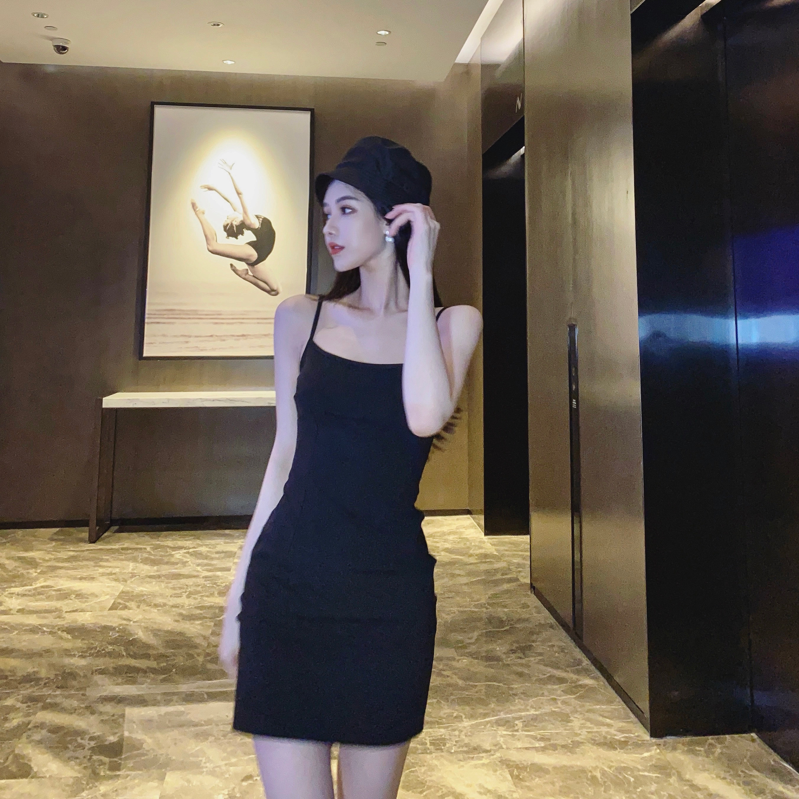 nicky elegant inner temperament black suspender skirt women's autumn dress bottoming slim sexy tight French