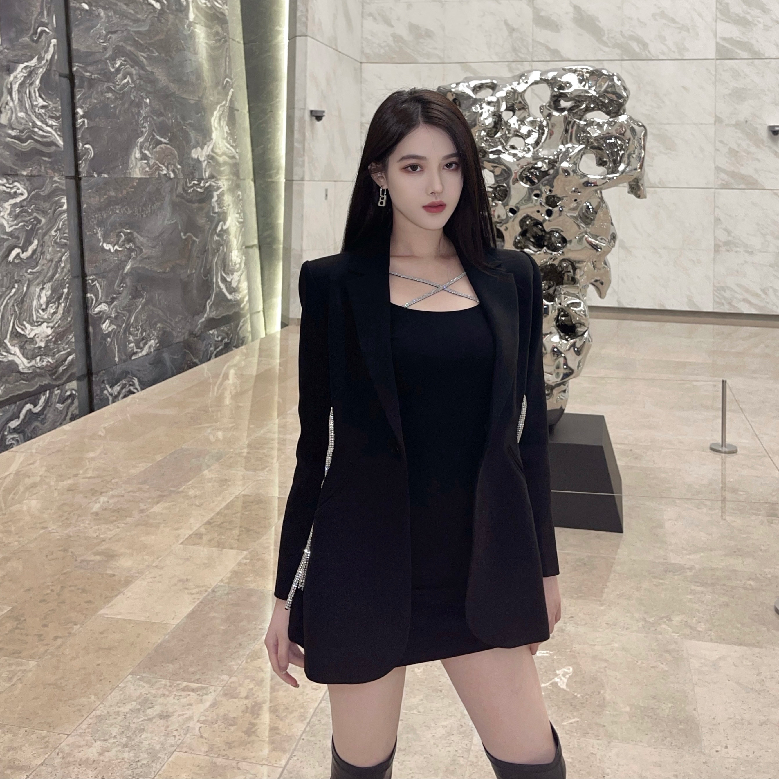 nicky black casual hollow out waist suit jacket women's spring and autumn thin section Korean style high-end loose waist